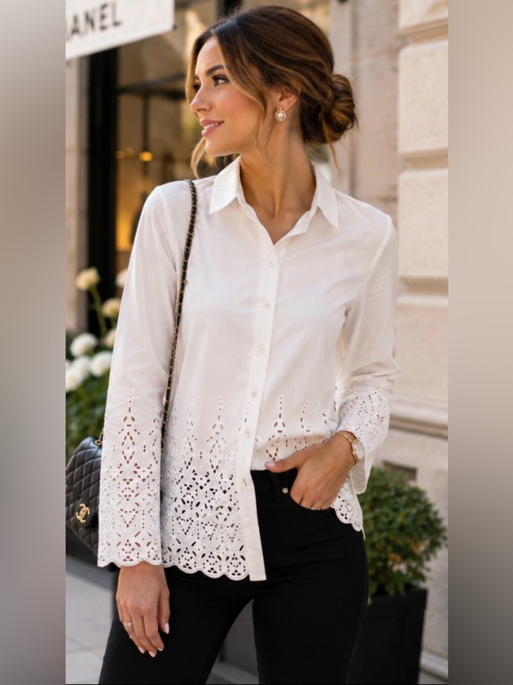 Banana Republic White Eyelet Scallop Hem Button Down Shirt Size Small